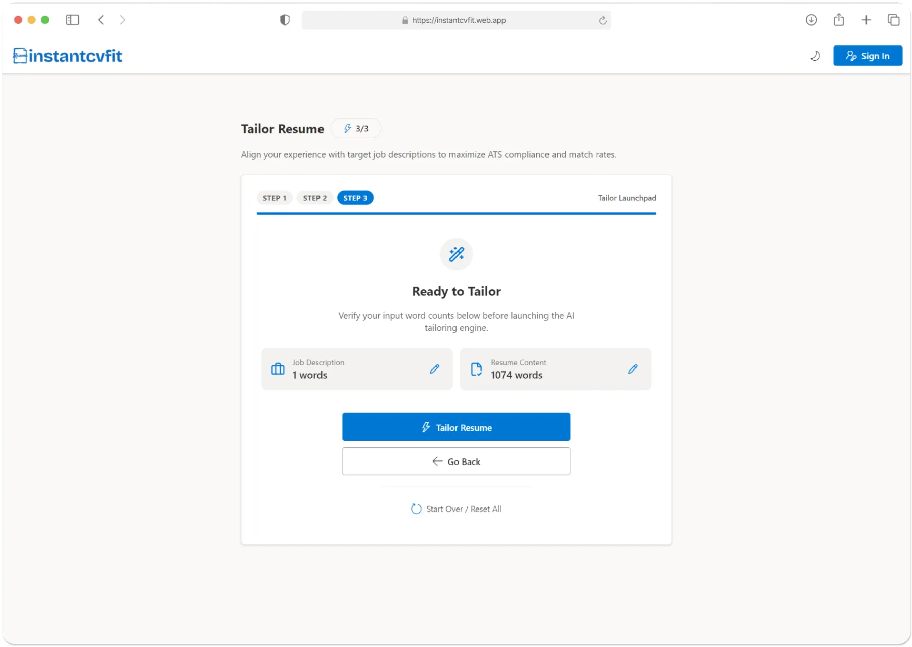 InstantCVFit - App Screenshot